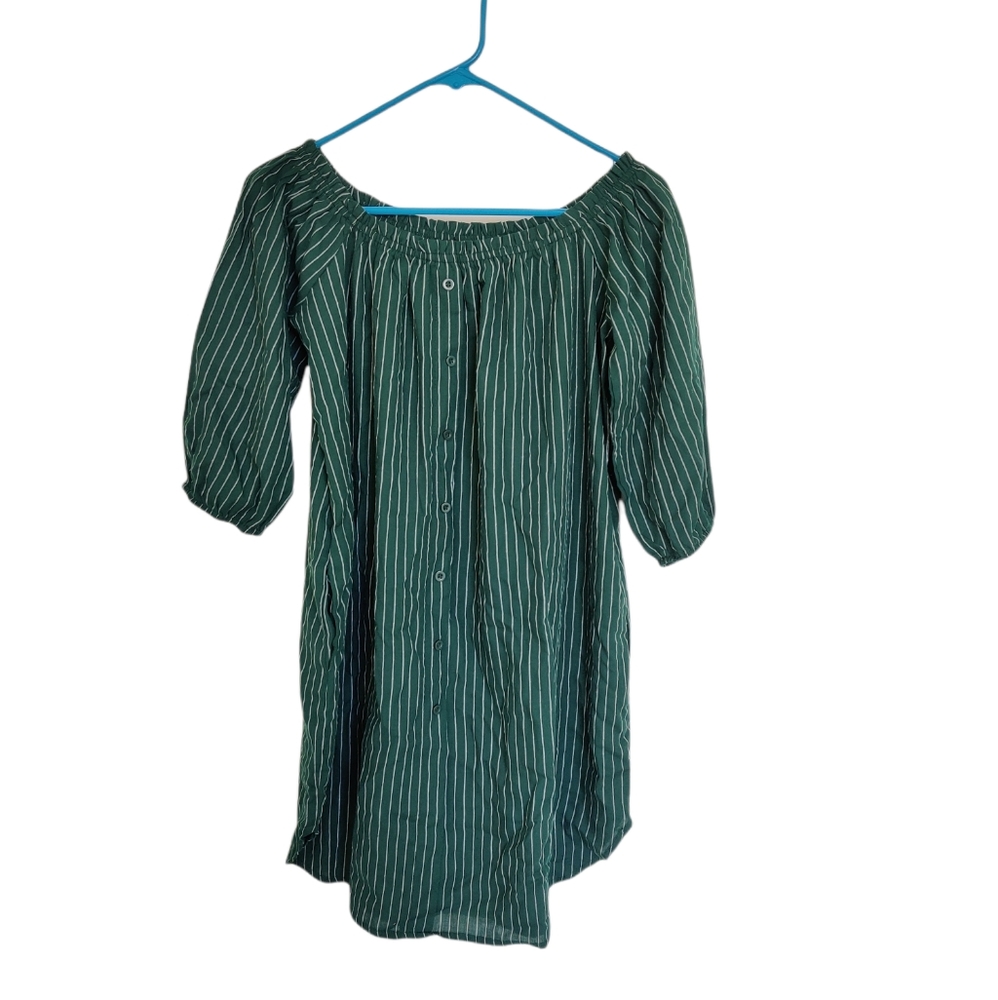 Papermoon Green Striped Off Shoulder Button Down Mini Dress